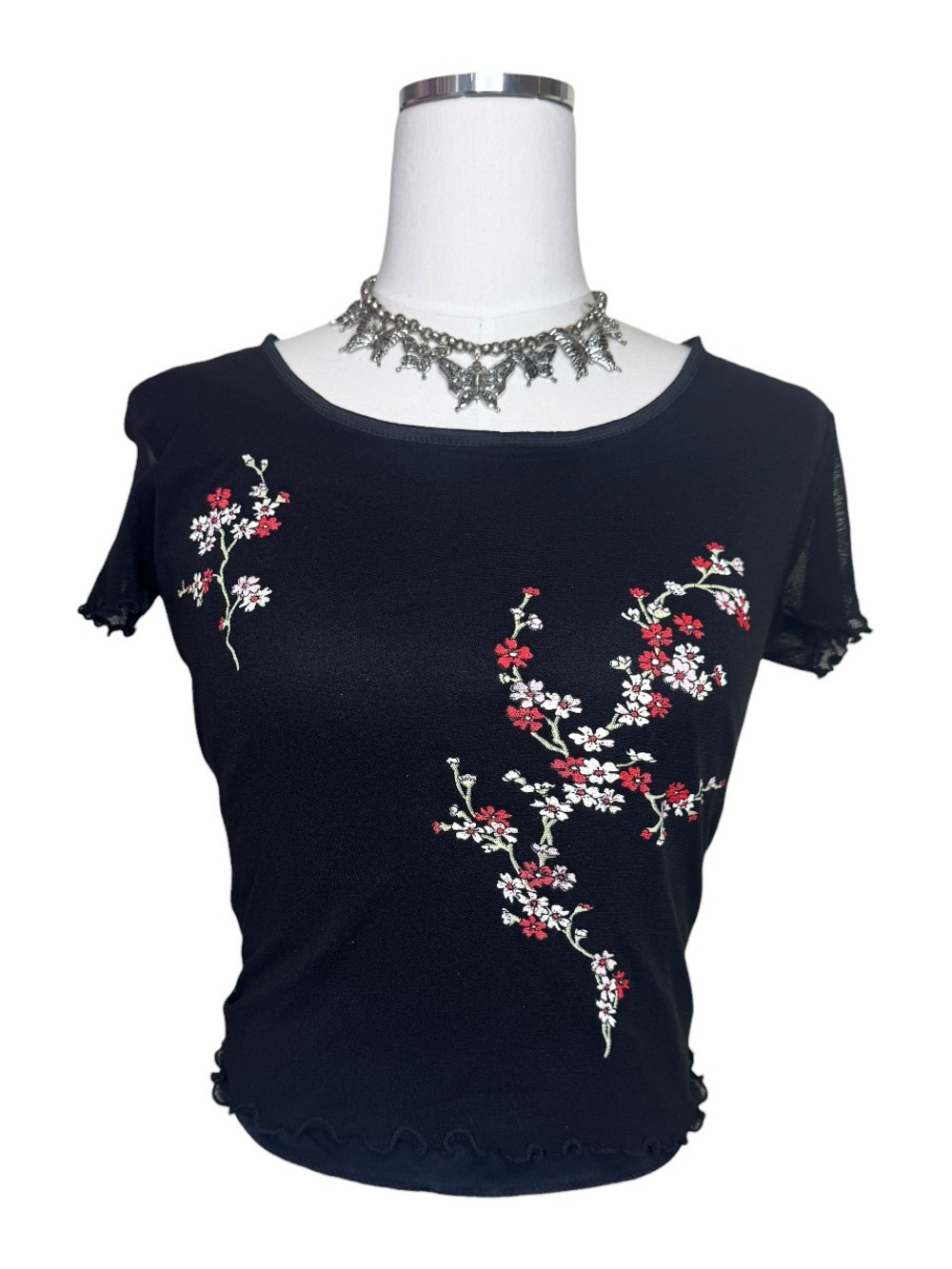 Vintage Ecru Black Mesh Floral Cherry Blossom Scoop Neck Top Size Large